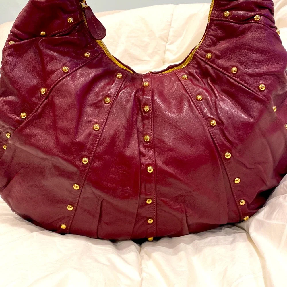 GOLDENBLEU burgundy leather purse 👛 semi circular bag with gold tone stud over